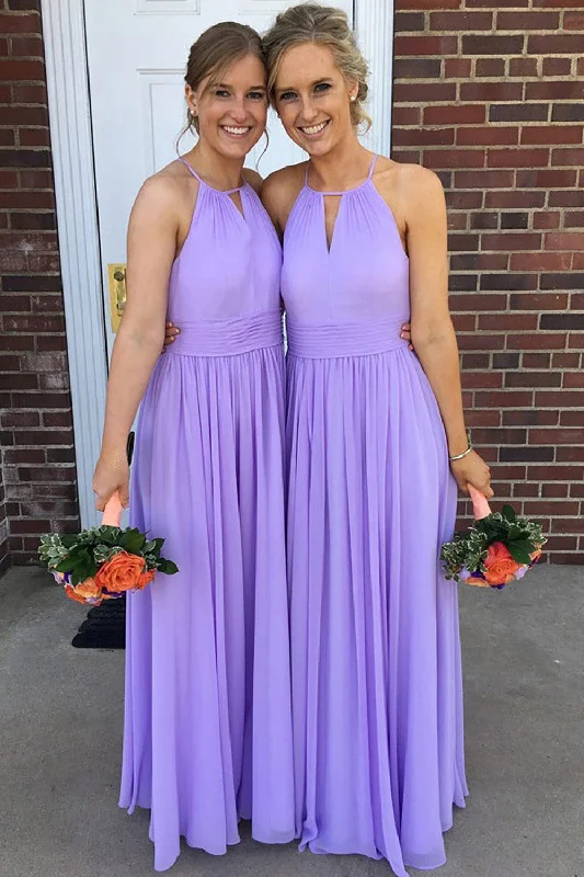 Midi wedding guest dresses in navy blue for a formal affairLavender A-Line Round Neck Long Pleated Chiffon Boho Bridesmaid Dress