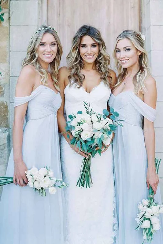 Metallic wedding guest dresses for a glamorous weddingLight Blue A-Line Off the Shoulder Long Chiffon Boho Bridesmaid Dress Metallic wedding guest dresses for a glamorous weddingLight Blue A-Line Off the Shoulder Long Chiffon Boho Bridesmaid Dress