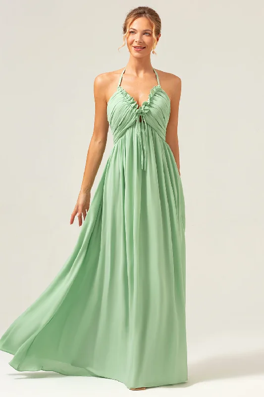 Wedding guest dresses with fringe accents for a bohemian - inspired weddingLight Green A Line Halter Backless Long Bridesmaid Dress with Lace Up Back Wedding guest dresses with fringe accents for a bohemian - inspired weddingLight Green A Line Halter Backless Long Bridesmaid Dress with Lace Up Back