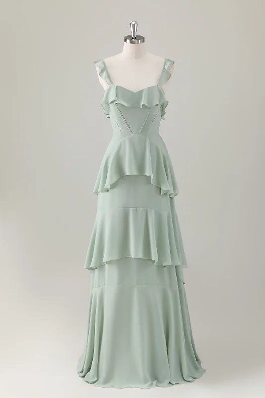 Wedding guest dresses with high - low hems and floral appliquesLight Green A-Line Ruffle Tiered Chiffon Corset Long Bridesmaid Dress Wedding guest dresses with high - low hems and floral appliquesLight Green A-Line Ruffle Tiered Chiffon Corset Long Bridesmaid Dress