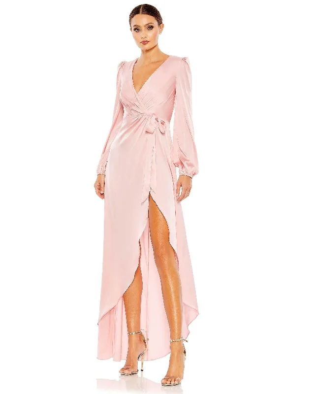 Wedding guest dresses with cold - shoulder ruffled sleeves and knee - length hemsMac Duggal 55624 High Low Formal Dress
