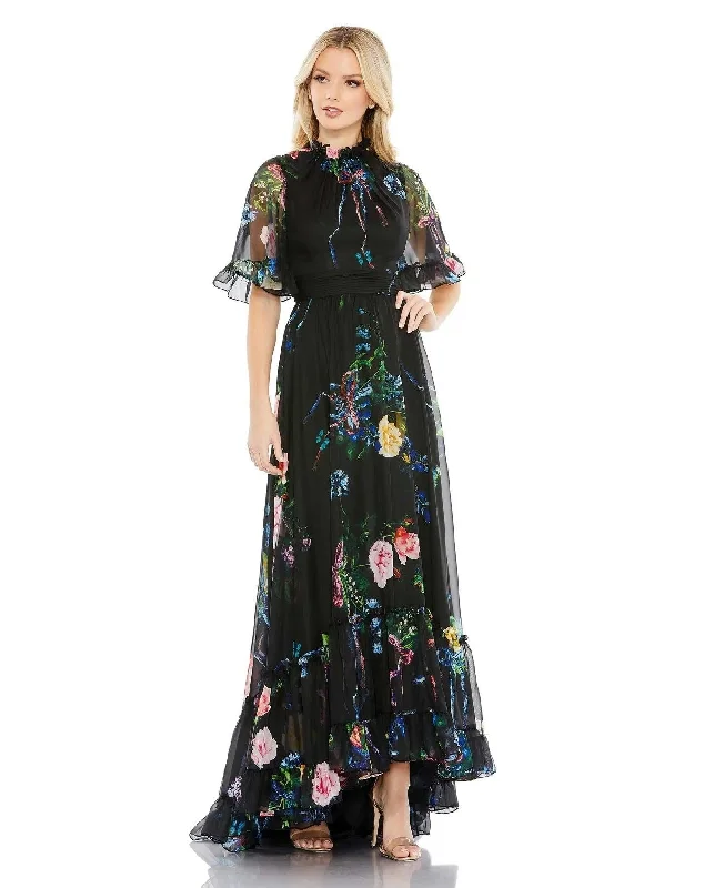 Wedding guest dresses with belted waists and knee - length skirtsMac Duggal 68230 High Low Formal Print Chiffon Gown