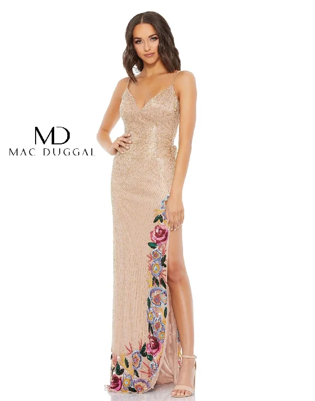 Wedding guest dresses with tassel - adorned belts and A - line skirtsMac Duggal 5238 Long Formal Floral Slit Beaded Gown