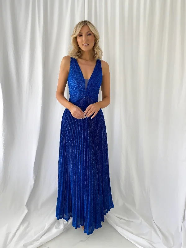 Sheath - style wedding guest dresses with lace overlaysMadisson Pleated Maxi Glitter Dress - Royal Blue Sheath - style wedding guest dresses with lace overlaysMadisson Pleated Maxi Glitter Dress - Royal Blue