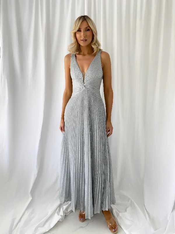 Halter - neck wedding guest dresses with beaded strapsMadisson Pleated Maxi Glitter Dress - Silver Halter - neck wedding guest dresses with beaded strapsMadisson Pleated Maxi Glitter Dress - Silver