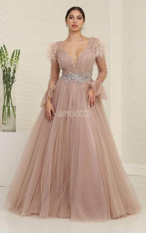 Wedding guest dresses with high - low hems and floral appliquesMay Queen RQ8096 - Feathered Tulle Evening Dress