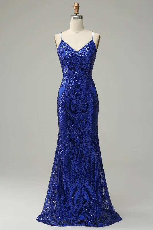 One - shoulder cocktail dresses in emerald green for a bold statementMermaid Spaghetti Straps Royal Blue Sequins Long Prom Dress with Criss Cross Back One - shoulder cocktail dresses in emerald green for a bold statementMermaid Spaghetti Straps Royal Blue Sequins Long Prom Dress with Criss Cross Back