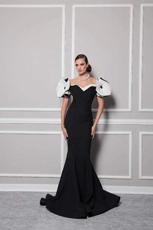 Wedding guest dresses with pom - pom trims for a playful lookMNM Couture F02820 - Appliqued Mermaid Evening Gown