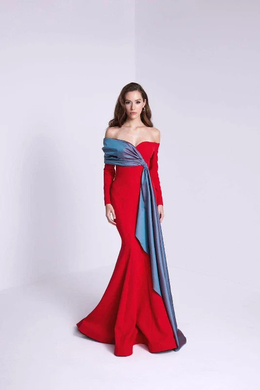 Wedding guest dresses with gathered skirts and V - necklinesMNM Couture N0561 - Draped Off Shoulder Evening Dress