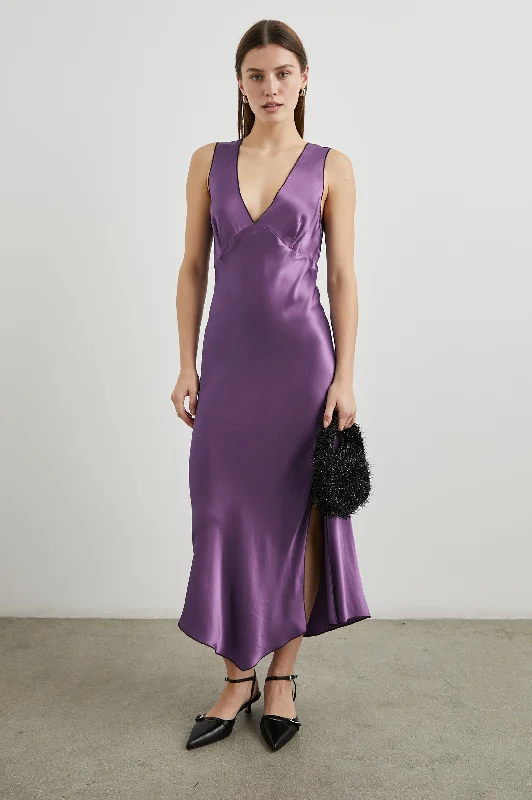 Wedding guest dresses with gathered skirts and V - necklinesMONIQUE DRESS - AMETHYST Wedding guest dresses with gathered skirts and V - necklinesMONIQUE DRESS - AMETHYST