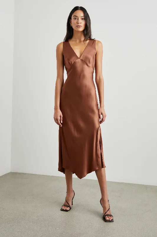 Wedding guest dresses with ruched bodices and spaghetti strapsMONIQUE DRESS - CEDAR