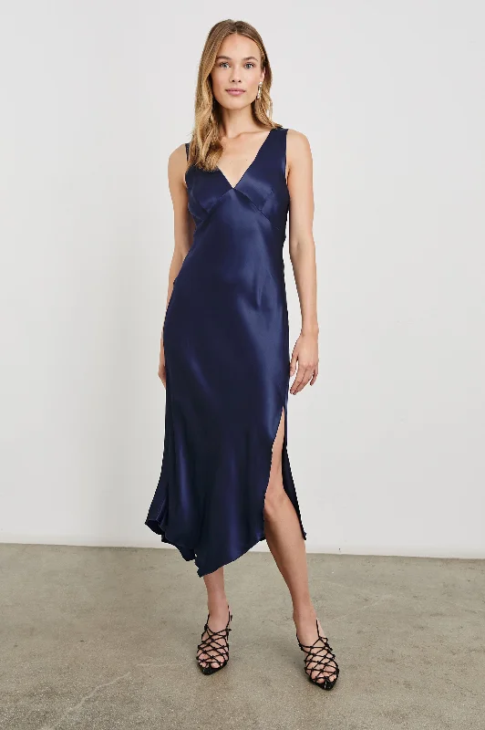 Wrap - style wedding guest dresses with bow accentsMONIQUE DRESS - NAVY