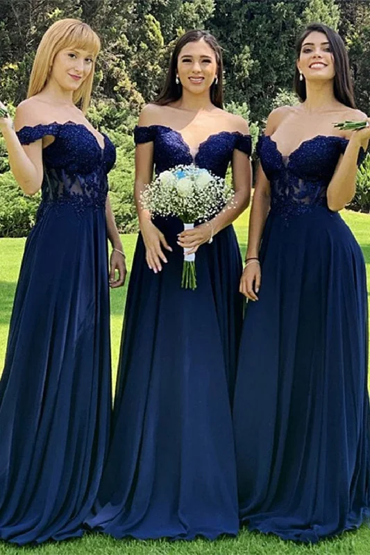 Sleeveless wedding guest dresses with ruffled hemsNavy A-Line Corset Long Chiffon Bridesmaid Dress with Lace