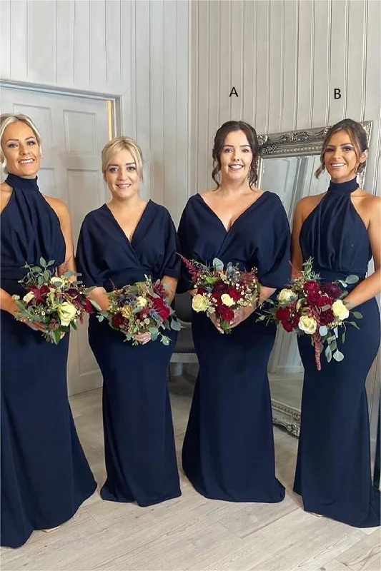 Wedding guest dresses with high - low hems and floral appliquesNavy Satin V-Neck Fitted Long Sleeve Long Bridesmaid Dress