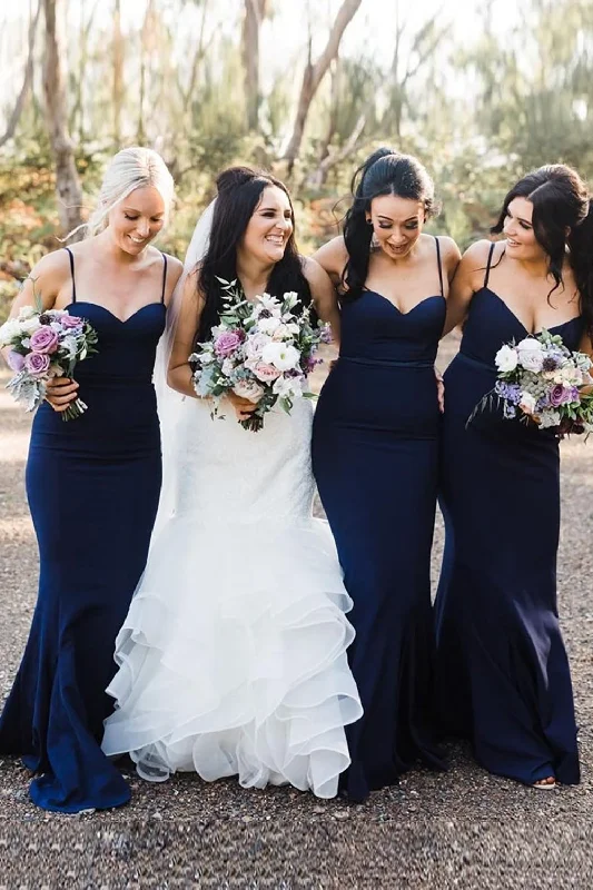 Lace - trimmed wedding guest dresses in blush pinkNavy Spaghetti Straps Mermaid Long Bridesmaid Dress