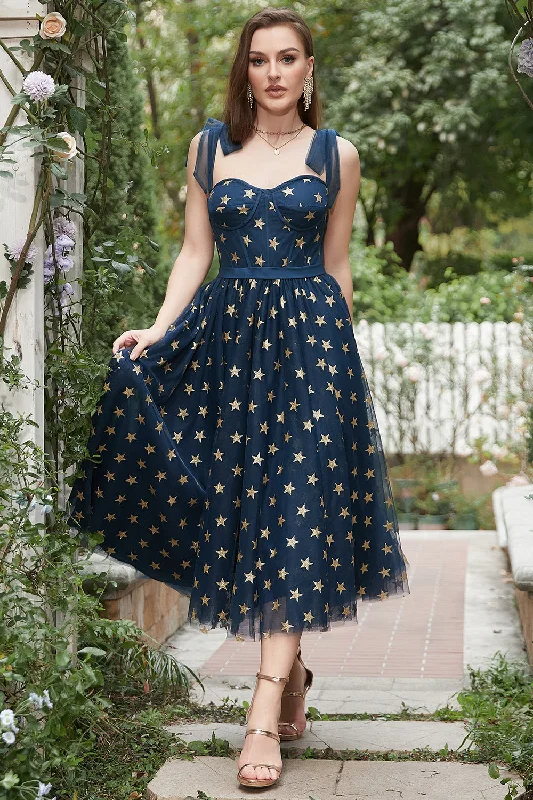 Little black cocktail dresses with lace detailingNavy Stars A-Line Tea-Length Prom Dress With Bowknots Little black cocktail dresses with lace detailingNavy Stars A-Line Tea-Length Prom Dress With Bowknots