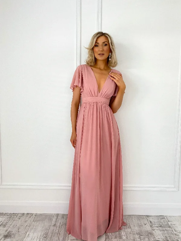 Wedding guest dresses with ruched bodices and spaghetti strapsTacha Rose Maxi Dress