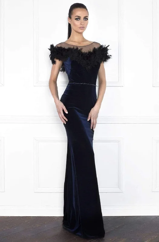 Wedding guest dresses with belted waists and knee - length skirtsNicole Bakti - 6851 Illusion Feather Ornate Velvet Sheath Gown Wedding guest dresses with belted waists and knee - length skirtsNicole Bakti - 6851 Illusion Feather Ornate Velvet Sheath Gown