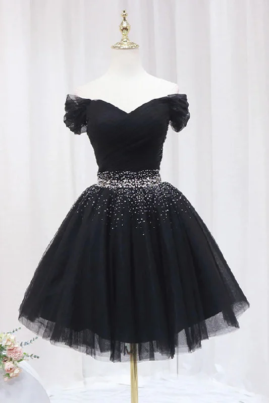 Party dresses with a leatherette material for a tough and stylish appearanceOff The Shoulder Black Homecoming Dress Tulle Short Prom Dress PD468 Party dresses with a leatherette material for a tough and stylish appearanceOff The Shoulder Black Homecoming Dress Tulle Short Prom Dress PD468