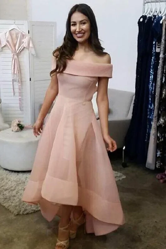 Party dresses with a unique neckline, like a sweetheart or square neckOff-the-Shoulder High Low Sleeveles Organza Homecoming Dress PD072 Party dresses with a unique neckline, like a sweetheart or square neckOff-the-Shoulder High Low Sleeveles Organza Homecoming Dress PD072