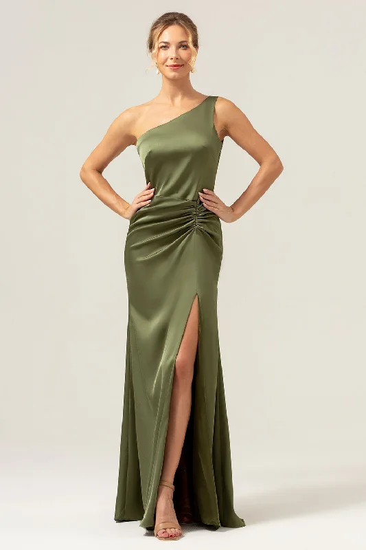 Wedding guest dresses with keyhole backs and flowing fabricsOlive Mermaid One Shoulder Backless Satin Long Bridesmaid Dress