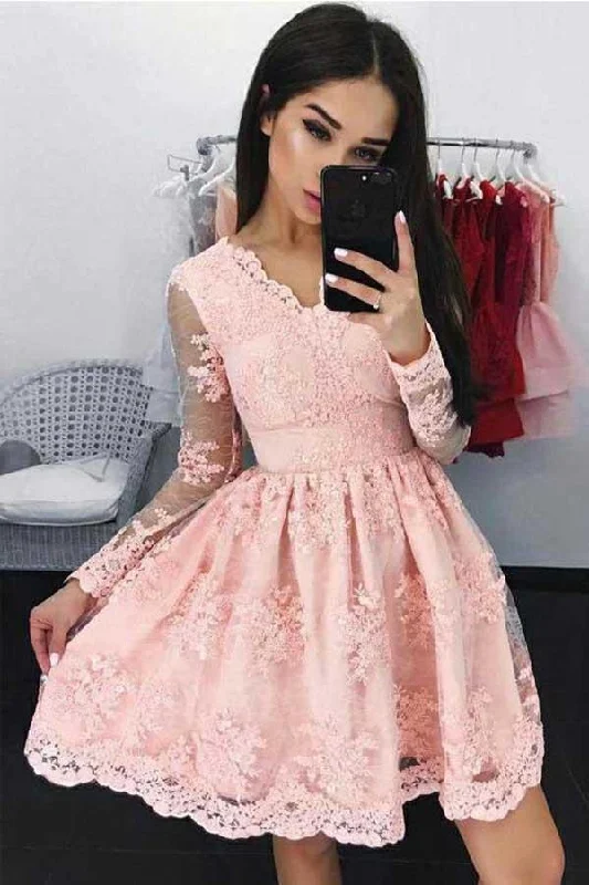 Party dresses with a jacquard pattern for a rich and detailed lookPink Long Sleeves Lace Short Homecoming/Party Dresses PD103 Party dresses with a jacquard pattern for a rich and detailed lookPink Long Sleeves Lace Short Homecoming/Party Dresses PD103