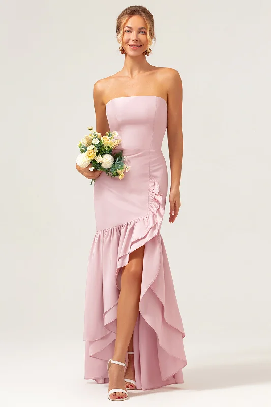 Sequined wedding guest dresses for an evening weddingPink Sheath Strapless Asymmetrical Ruffled Bridesmaid Dress Sequined wedding guest dresses for an evening weddingPink Sheath Strapless Asymmetrical Ruffled Bridesmaid Dress