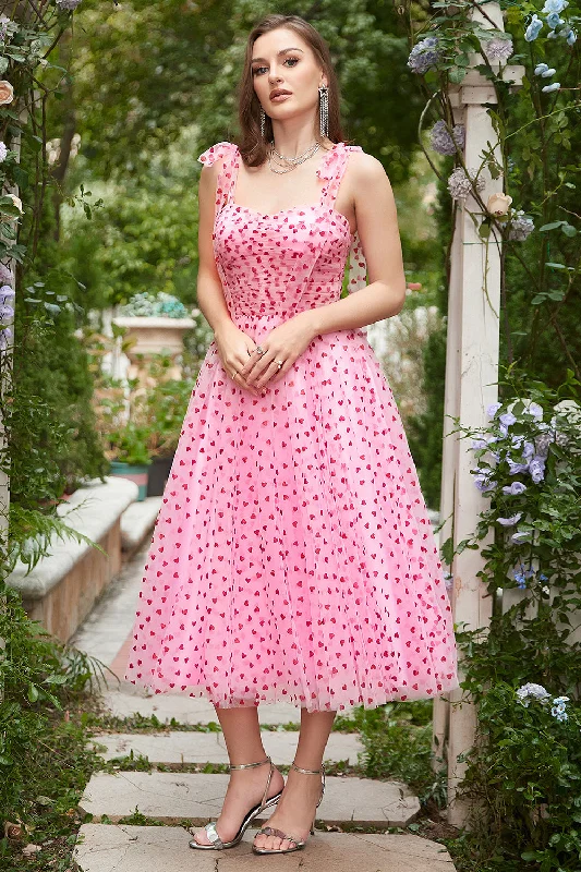 Bow - backed cocktail dresses with a fit - and - flare silhouettePink Tulle A-line Midi Prom Dress with Hearts Bow - backed cocktail dresses with a fit - and - flare silhouettePink Tulle A-line Midi Prom Dress with Hearts