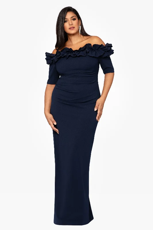 Cocktail dresses with a gathered skirt and a button - down frontPlus "Isla" Long Crepe Off the Shoulder Ruffle Dress Cocktail dresses with a gathered skirt and a button - down frontPlus "Isla" Long Crepe Off the Shoulder Ruffle Dress