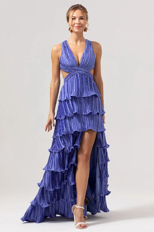 Geometric - printed wedding guest dresses for a modern weddingPurple A-Line V Neck Pleated Tiered Lace Up Back Long Bridesmaid Dress with Slit