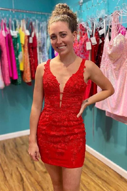 Party dresses with a lace overlay for a feminine touchRed Appliques Plunge V Neckline Lace Up Homecoming Dress PD465 Party dresses with a lace overlay for a feminine touchRed Appliques Plunge V Neckline Lace Up Homecoming Dress PD465