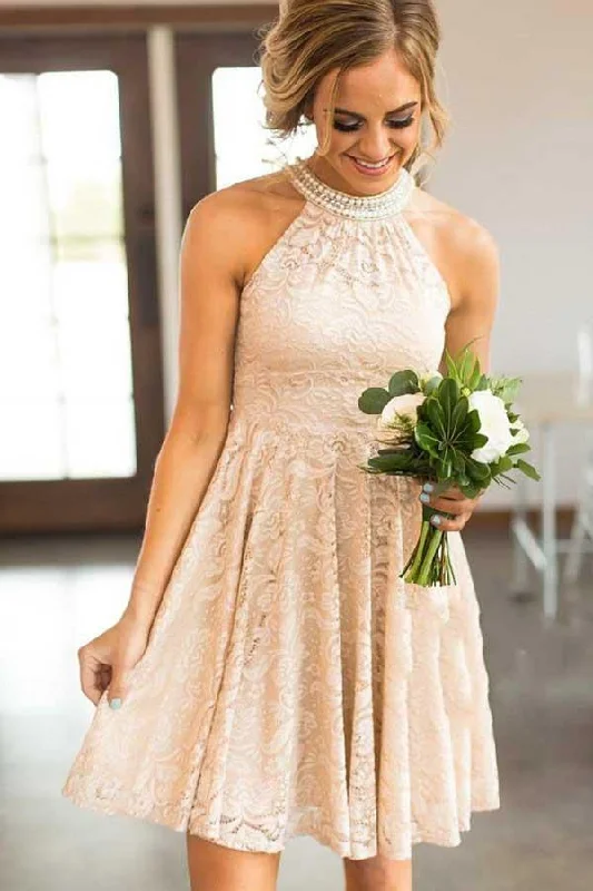 Backless party dresses for a sexy and alluring appearanceRound Neck Short Pearl Pink Lace Homecoming Party Dress with Pearls PD078 Backless party dresses for a sexy and alluring appearanceRound Neck Short Pearl Pink Lace Homecoming Party Dress with Pearls PD078