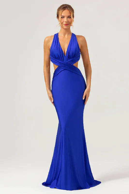 Animal - print wedding guest dresses in subtle colors for a bold statementRoyal Blue Mermaid V Neck Cut Out Ruched Long Bridesmaid Dress Animal - print wedding guest dresses in subtle colors for a bold statementRoyal Blue Mermaid V Neck Cut Out Ruched Long Bridesmaid Dress