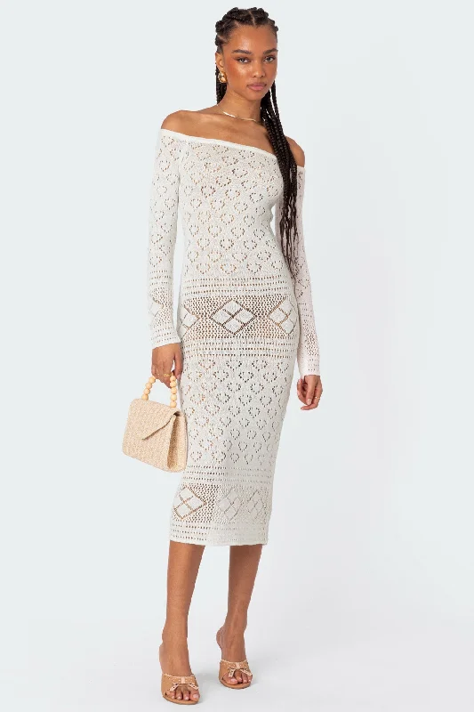 Party dresses with a metallic - thread embroidery for a luxurious touchLily Crochet Off Shoulder Midi Dress Party dresses with a metallic - thread embroidery for a luxurious touchLily Crochet Off Shoulder Midi Dress