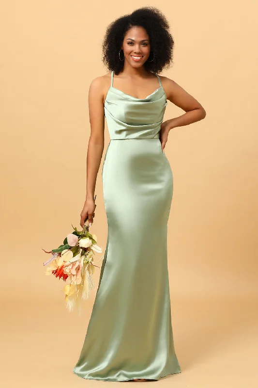 Mini wedding guest dresses with glittery accents for a trendy lookSage Mermaid Cowl Neckline Long Satin Bridesmaid Dress