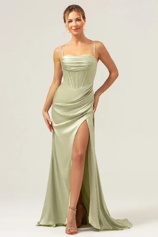 Tea - length wedding guest dresses with polka dot patternsSage Mermaid Spaghetti Straps Corset Satin Bridesmaid Dress with Slit