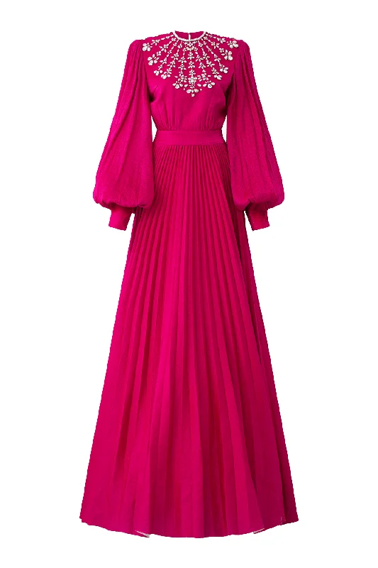 Velvet party dresses in rich jewel tones for a sophisticated appearanceScarlet Pleated Bishop Sleeved Silk Maxi Dress Velvet party dresses in rich jewel tones for a sophisticated appearanceScarlet Pleated Bishop Sleeved Silk Maxi Dress