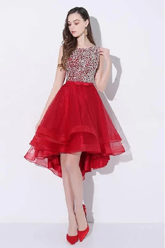 Party dresses with a metallic finish for a shiny and eye - catching effectSequins Red High Low Prom Homecoming Dress with Open Back PD095 Party dresses with a metallic finish for a shiny and eye - catching effectSequins Red High Low Prom Homecoming Dress with Open Back PD095