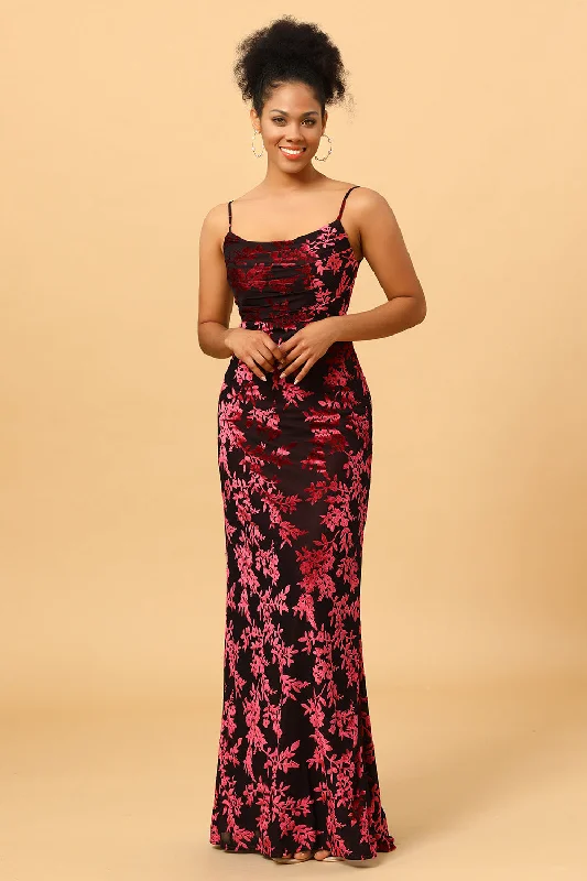 Mini cocktail dresses with a ruffled hem and a solid colorSheath Spaghetti Straps Burgundy Printed Velvet Long Prom Dress with Silt Mini cocktail dresses with a ruffled hem and a solid colorSheath Spaghetti Straps Burgundy Printed Velvet Long Prom Dress with Silt