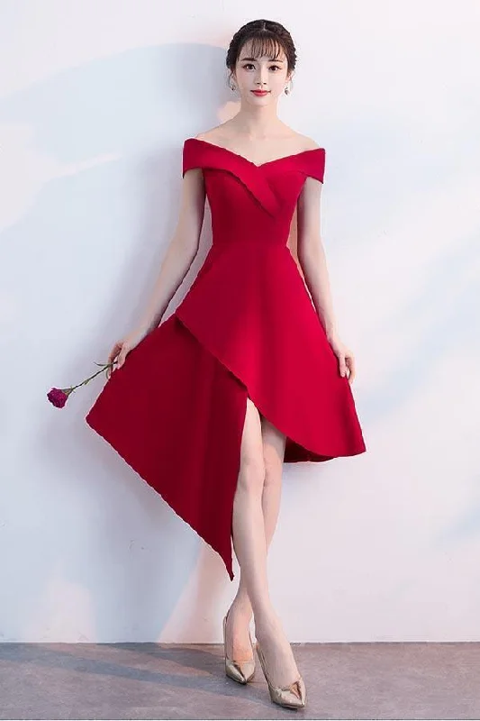 Party dresses with a fringed detail for a fun and dynamic styleSimple Red Satin Off The Shoulder Homecoming Dresses Party Dresses PD090 Party dresses with a fringed detail for a fun and dynamic styleSimple Red Satin Off The Shoulder Homecoming Dresses Party Dresses PD090