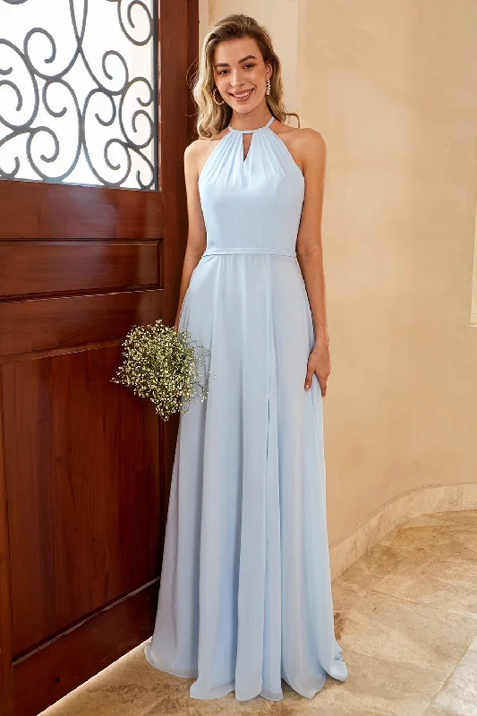 Wedding guest dresses with pom - pom trims for a playful lookSky Blue Long Chiffon Bridesmaid Dress with Slit Wedding guest dresses with pom - pom trims for a playful lookSky Blue Long Chiffon Bridesmaid Dress with Slit