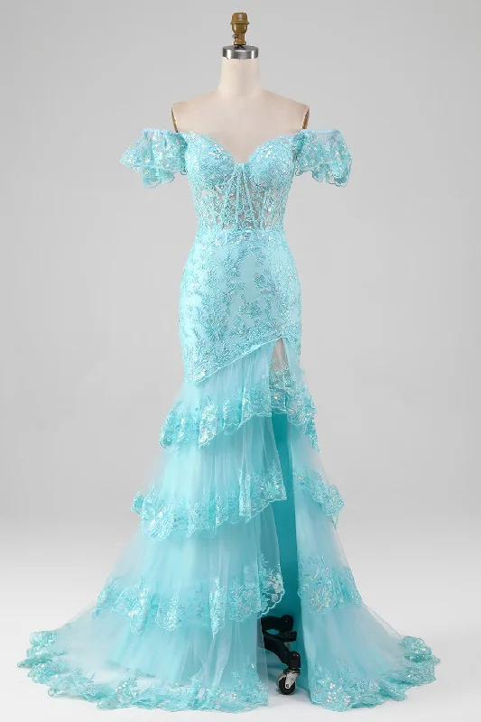 Cocktail dresses with a gathered skirt and a button - down frontSky Blue Off the Shoulder Lace and Sequin Mermaid Prom Dress with Slit Cocktail dresses with a gathered skirt and a button - down frontSky Blue Off the Shoulder Lace and Sequin Mermaid Prom Dress with Slit
