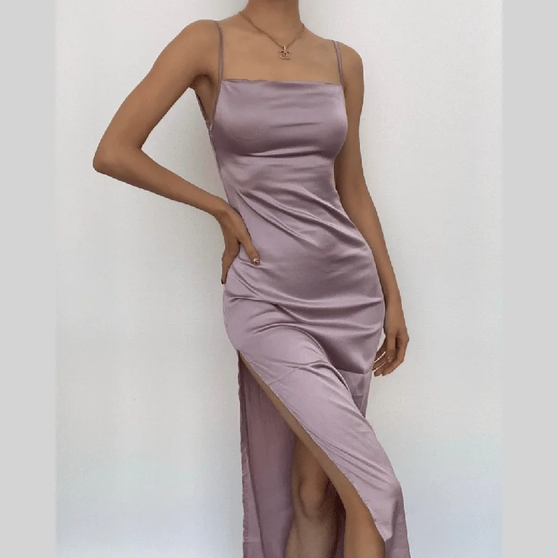 Cocktail dresses with cold - shoulder designs in a lightweight fabricBerryBetty - Sleeveless solid slit self tie backless satin midi dress Cocktail dresses with cold - shoulder designs in a lightweight fabricBerryBetty - Sleeveless solid slit self tie backless satin midi dress