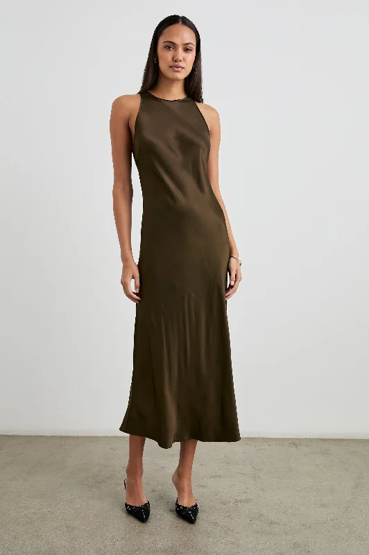 Wrap - style wedding guest dresses with bow accentsSOLENE DRESS - DARK MOSS