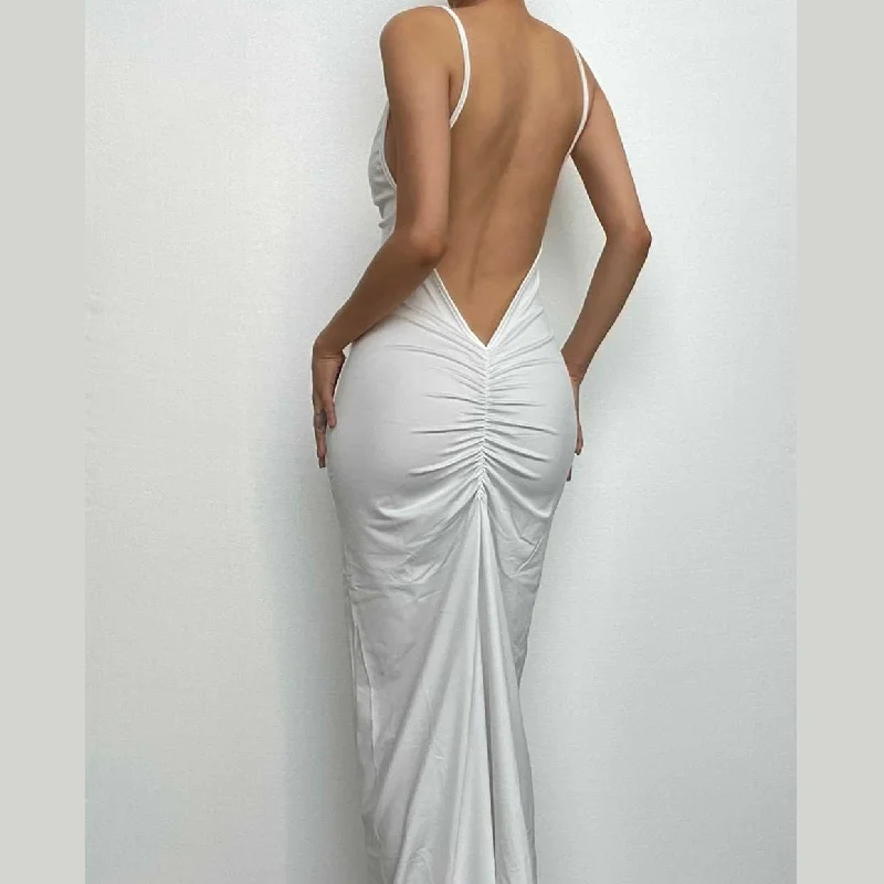 Cocktail dresses with a metallic - embroidered pattern and a midi - hemBerryBetty - Solid v neck ruched backless cami maxi dress Cocktail dresses with a metallic - embroidered pattern and a midi - hemBerryBetty - Solid v neck ruched backless cami maxi dress