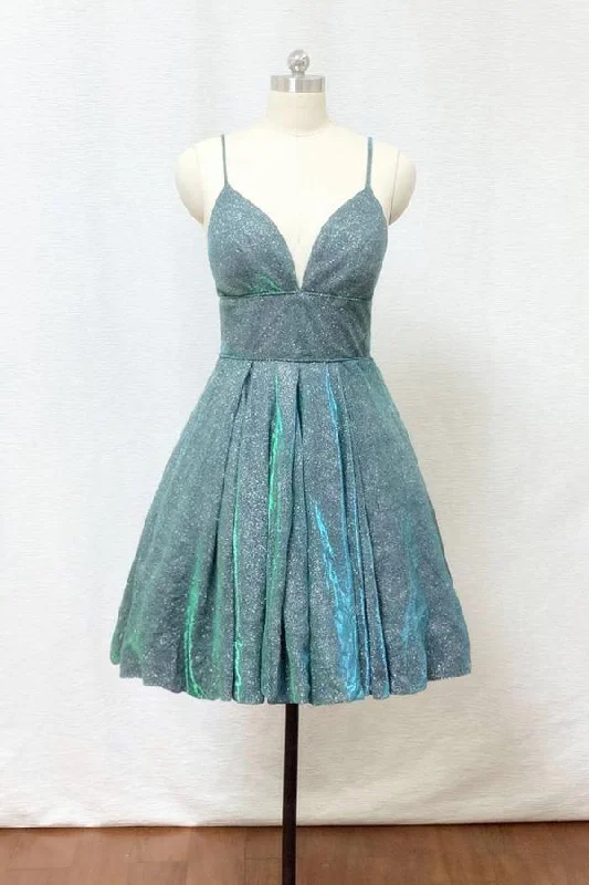 Party dresses with a satin - lined interior for added comfort​Spaghetti Straps Silver Green Glitter Short Homecoming Dress with Pockets PD428