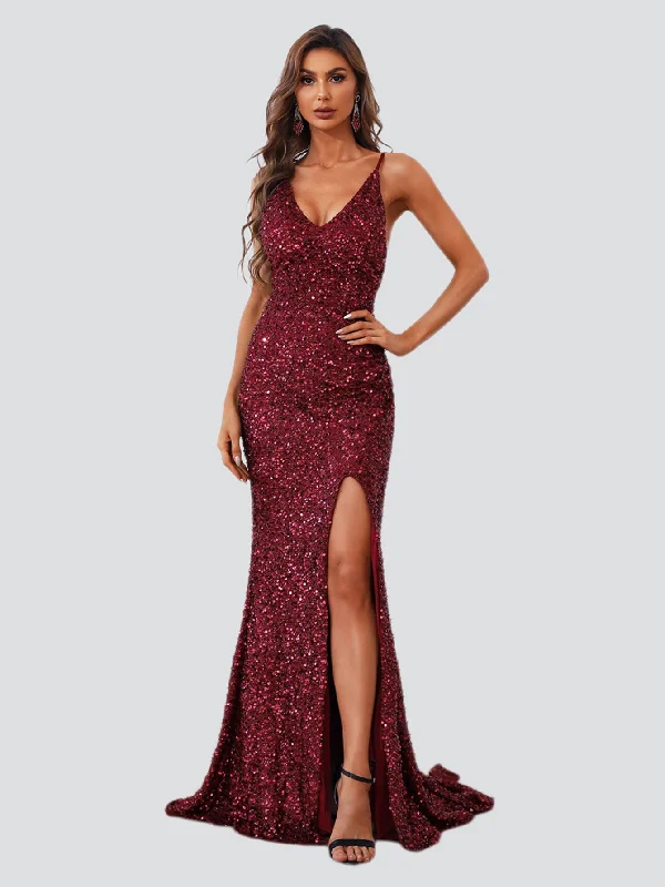 Satin cocktail dresses with a high - low hem for a modern touchSpaghetti Straps Split Prom Dress XJ437