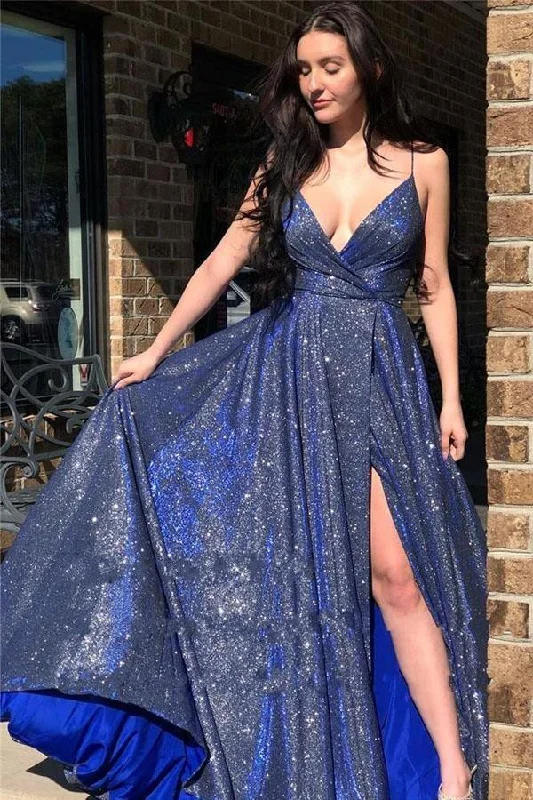 Sleeveless party dresses made of silk for a luxurious feelSparkly V Neck Straps A-Line Long Prom Dress Evening Dress PSK220 Sleeveless party dresses made of silk for a luxurious feelSparkly V Neck Straps A-Line Long Prom Dress Evening Dress PSK220