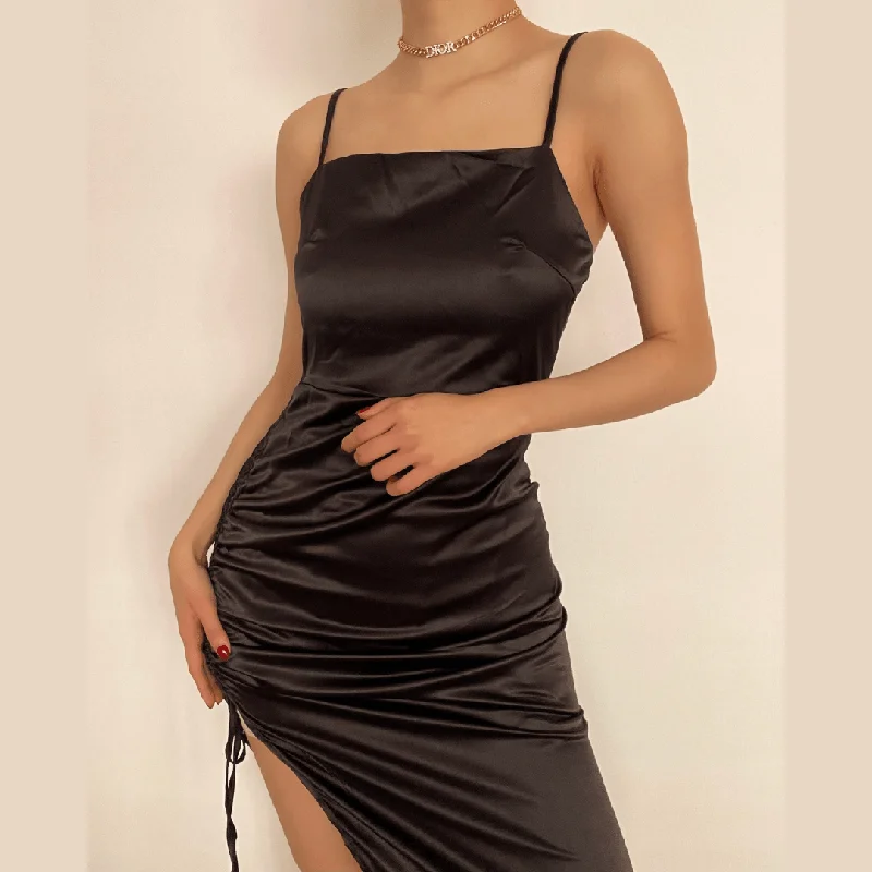 One - shoulder cocktail dresses in emerald green for a bold statementBerryBetty - Square neck drawstring ruched slit satin midi dress One - shoulder cocktail dresses in emerald green for a bold statementBerryBetty - Square neck drawstring ruched slit satin midi dress