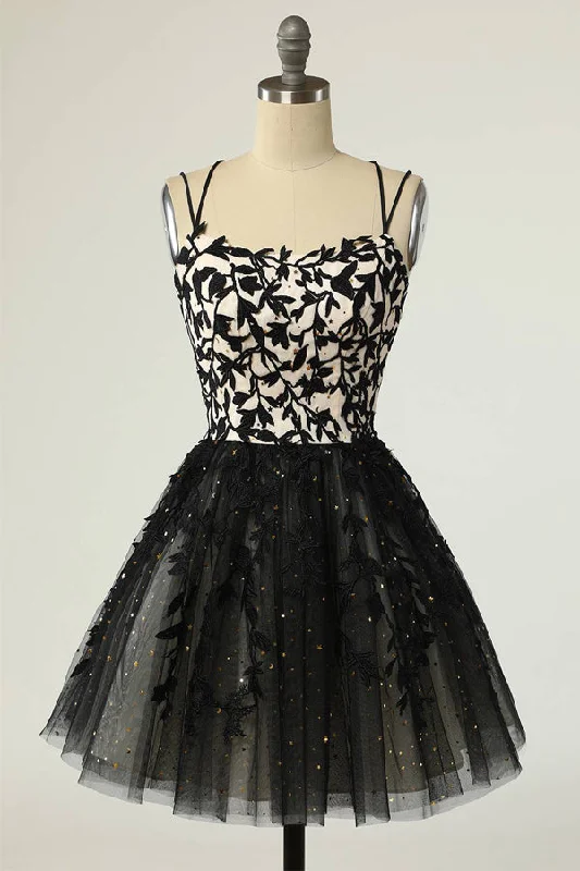 A - line party dresses with a floral print for spring eventsStraps Black Appliques Short Prom Dress Homecoming Dress with Sequins PD475 A - line party dresses with a floral print for spring eventsStraps Black Appliques Short Prom Dress Homecoming Dress with Sequins PD475